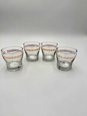 Vintage Libbey Glasses Gold Greek Key MCM Barware Whiskey Old Fashioned